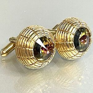 Smokey Quartz Cuff Links Unisex Domed 1980’s Gold Toned Brilliant Cut Stones